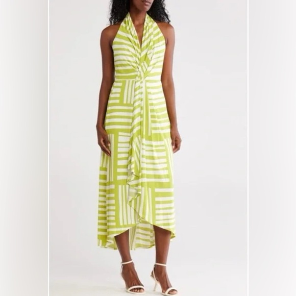 Calvin Klein Dresses & Skirts - Calvin Klein Sleeveless Halter Midi Dress Sz 10 Green White Abstract Stripe NWT